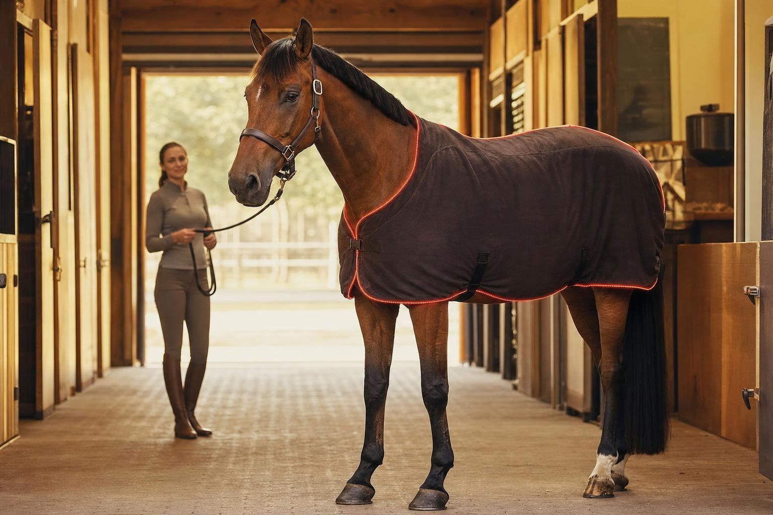 Pferd mit Infrarot-Decke in der Stallgasse