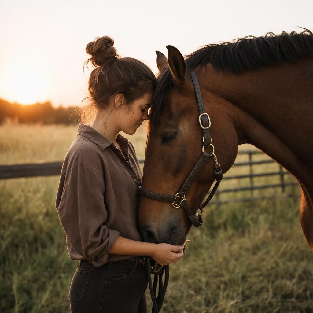 Reiterin und Pferd auf der Weide bei Sonnenuntergang