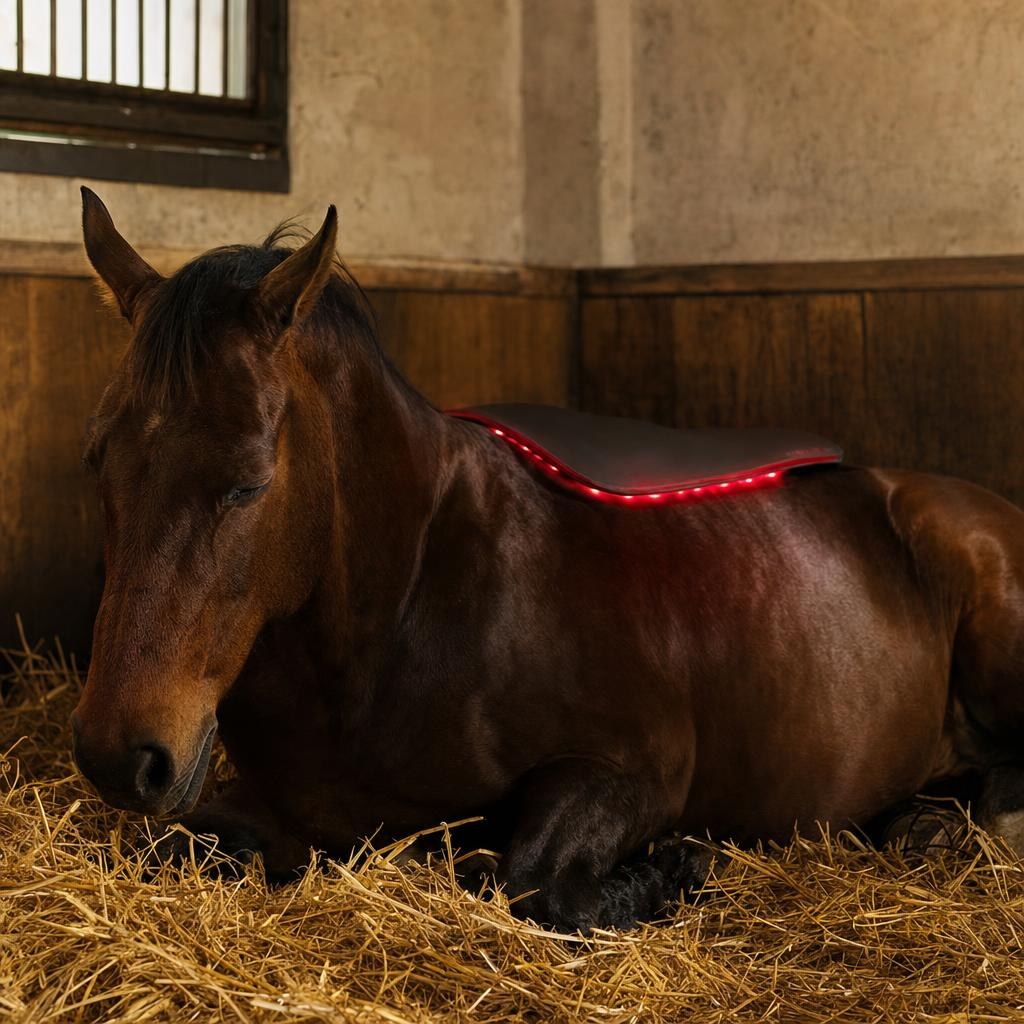 Entspanntes Pferd mit Rotlicht-Pad in der Box